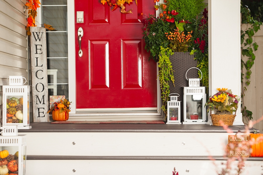 Front door fall decorations in Ontario, OR.